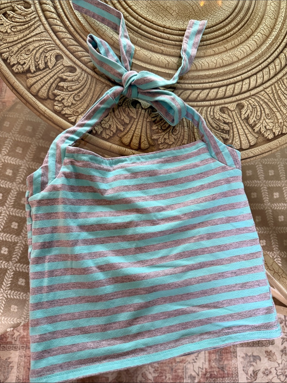 Teal & Gray Striped Halter Top